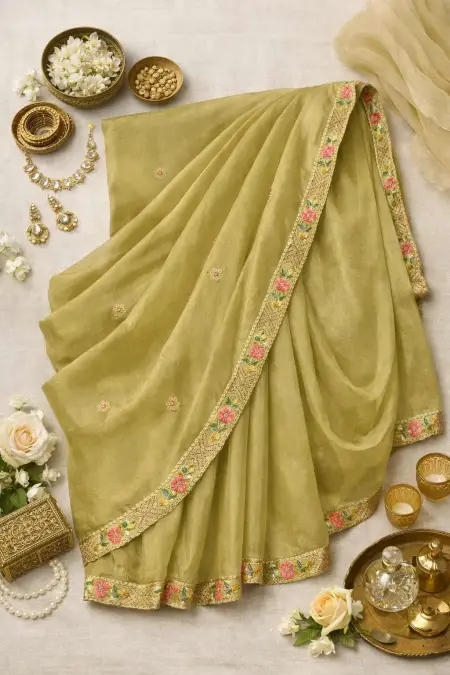 Olive Silk Blend Bollywood Saree - Festive (Regular Sari) (Free Size) view 4