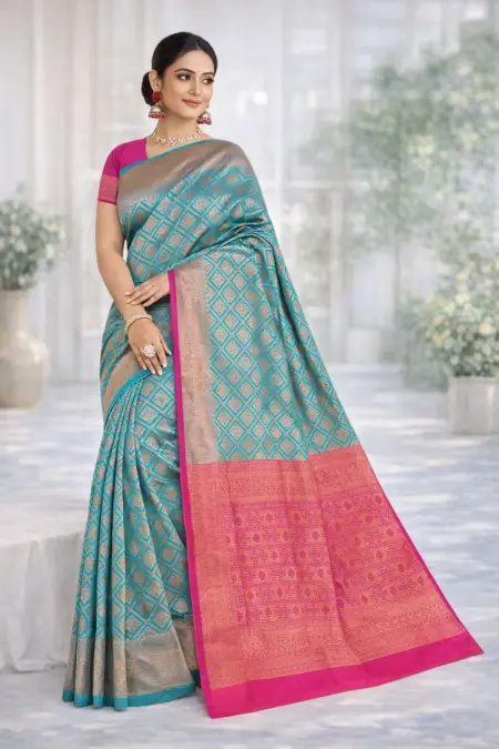 Aqua Blue, Magenta Banarasi Silk Banarasi Saree (Regular Sari) view 2