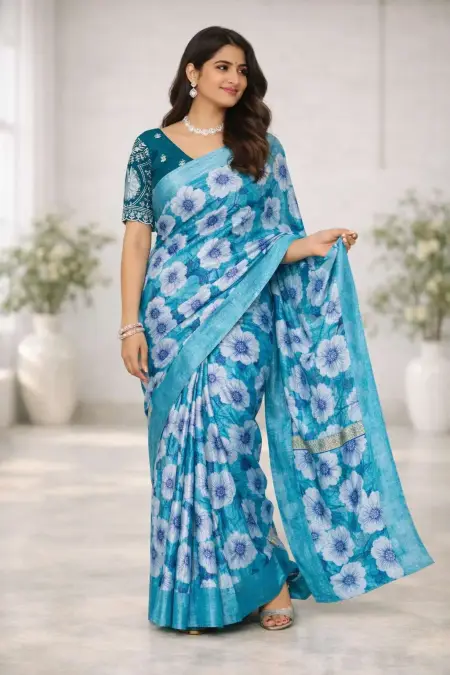 Aqua Blue, Baby Blue, Blue, Dark Green, Light Blue Chinon Two Tone Saree (Regular Sari)