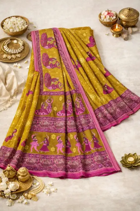 Olive, Pink Cotton Bandhani Saree (Regular Sari) view 4