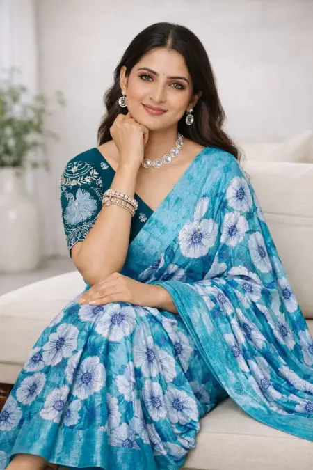 Aqua Blue, Baby Blue, Blue, Dark Green, Light Blue Chinon Two Tone Saree (Regular Sari) view 3