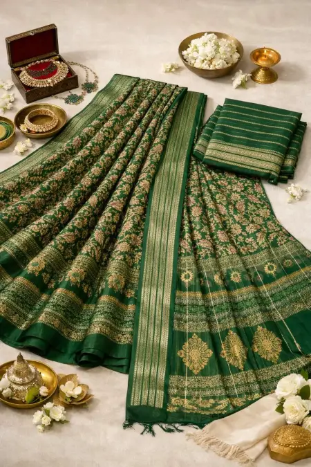 Dark Green, Green, Light Green, Mehendi, Olive Banarasi Silk Banarasi Saree - Casual (Regular Sari) (Free Size) view 4
