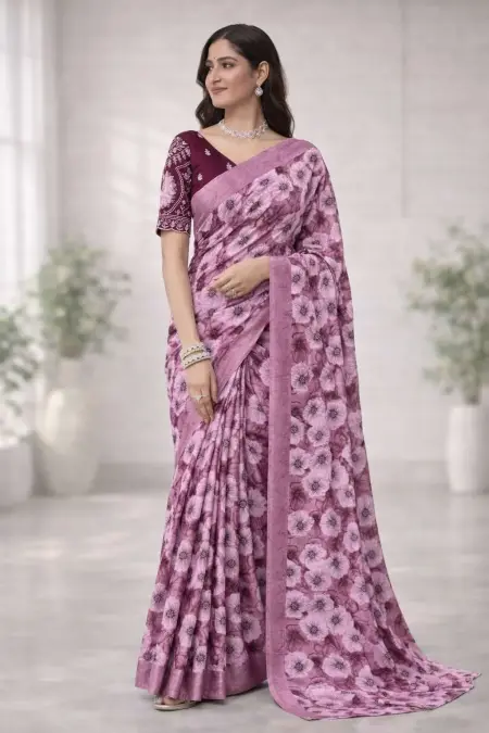 Dark Pink, Magenta, Maroon, Pink Chinon Two Tone Saree - Casual (Regular Sari) (Free Size)