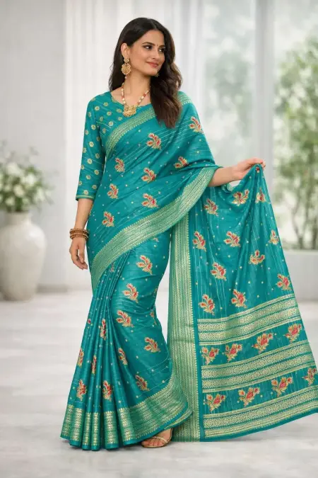 Light Green, Mint Green, Teal, Turquoise, Rama Banarasi Silk Banarasi Saree (Regular Sari)