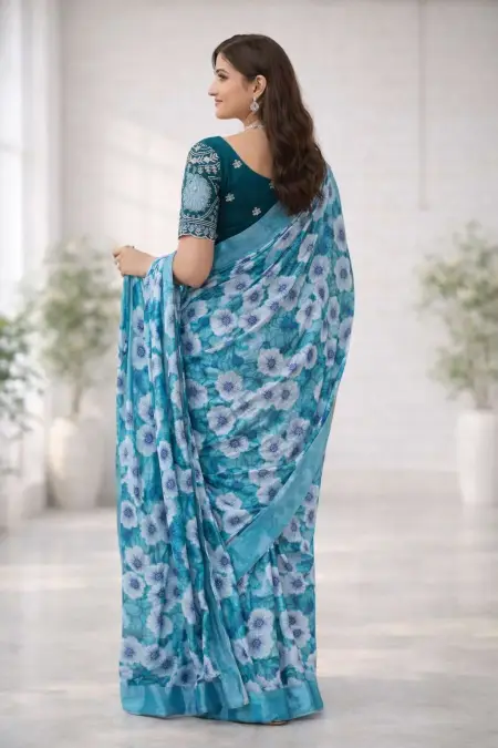 Aqua Blue, Baby Blue, Blue, Dark Green, Light Blue Chinon Two Tone Saree (Regular Sari) view 2