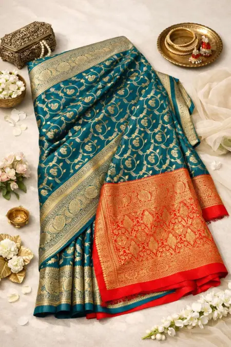 Red, Teal Art Silk Bollywood Saree - Casual (Regular Sari) (Free Size) view 4