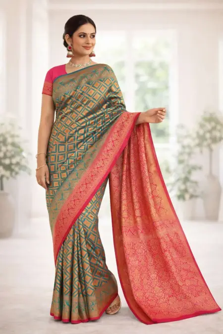 Magenta, Teal Banarasi Silk Banarasi Saree (Regular Sari) view 2