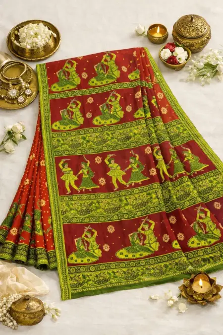 Green, Red Cotton Bandhani Saree (Regular Sari) view 4