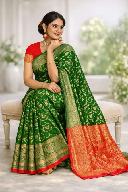 Green, Red Art Silk Bollywood Saree (Regular Sari) view 3