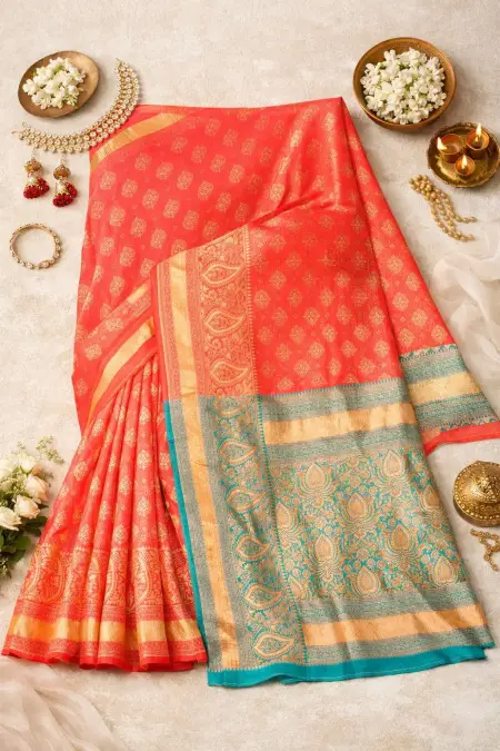 Aqua Blue, Orange, Turquoise Banarasi Silk Banarasi Saree (Regular Sari) view 4