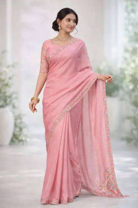 Pink Silk Blend Bollywood Saree - Festive (Regular Sari) (Free Size)