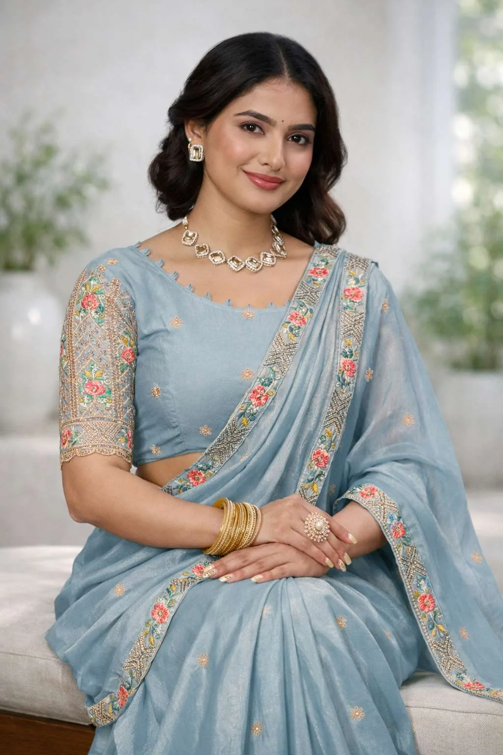 Baby Blue Silk Blend Bollywood Saree - Festive (Regular Sari) (Free Size) view 3