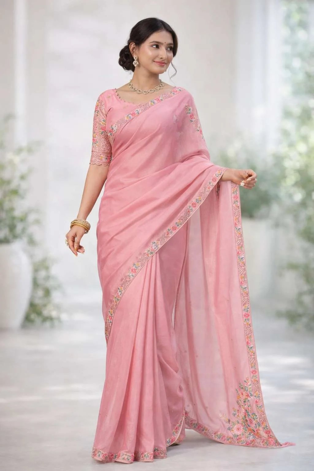 Pink Silk Blend Bollywood Saree - Festive (Regular Sari) (Free Size)