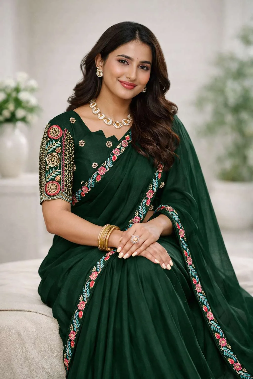 Dark Green Georgette Bollywood Saree (Regular Sari) view 3