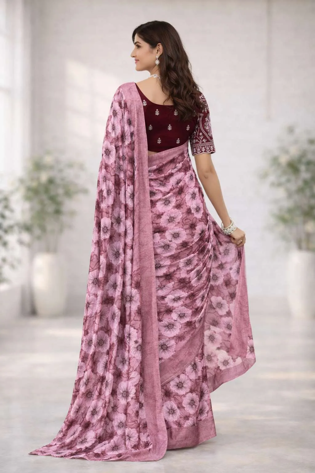Dark Pink, Magenta, Maroon, Pink Chinon Two Tone Saree - Casual (Regular Sari) (Free Size) view 2
