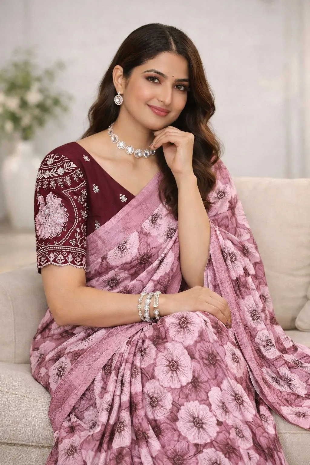 Dark Pink, Magenta, Maroon, Pink Chinon Two Tone Saree - Casual (Regular Sari) (Free Size) view 3