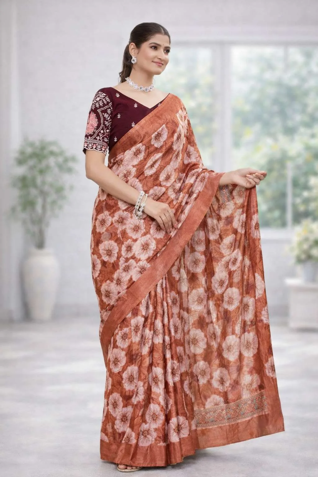 Coral, Dark Pink, Gajari, Maroon, Nude, Orange, Peach, Rust Chinon Two Tone Saree (Regular Sari)
