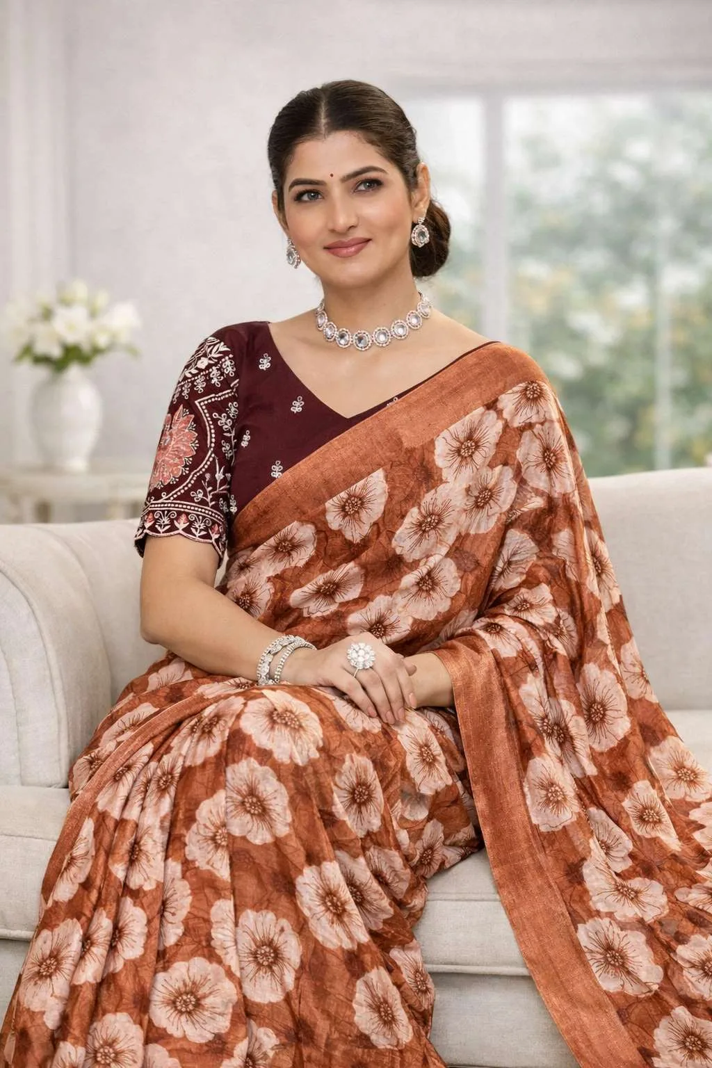 Coral, Dark Pink, Gajari, Maroon, Nude, Orange, Peach, Rust Chinon Two Tone Saree (Regular Sari) view 3