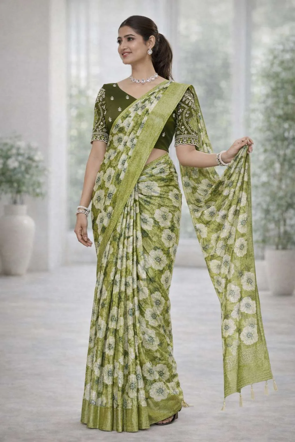 Dark Green, Green, Khaki, Light Green, Mehendi, Olive, Teal Chinon Two Tone Saree (Regular Sari)
