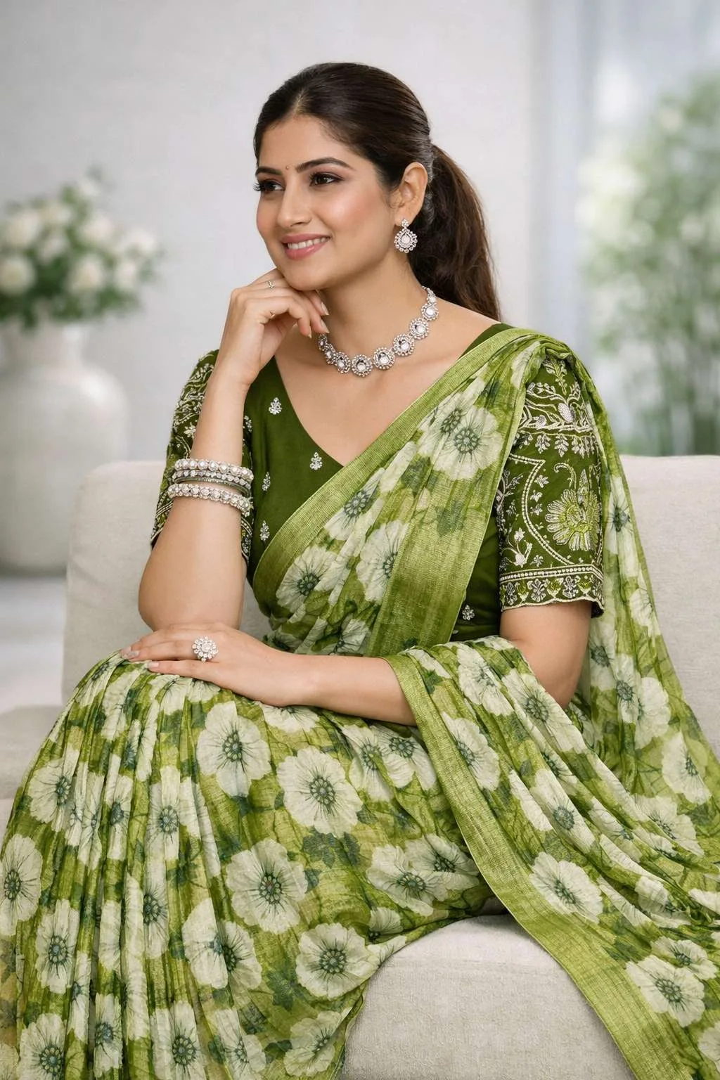 Dark Green, Green, Khaki, Light Green, Mehendi, Olive, Teal Chinon Two Tone Saree (Regular Sari) view 2