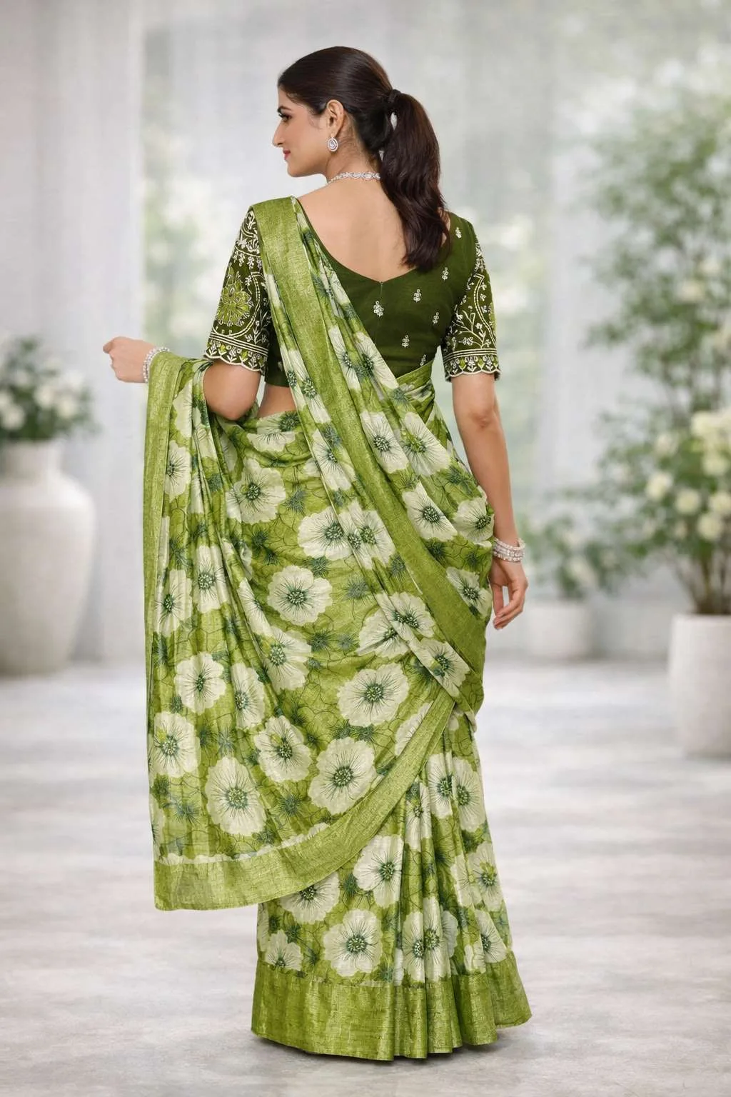 Dark Green, Green, Khaki, Light Green, Mehendi, Olive, Teal Chinon Two Tone Saree (Regular Sari) view 3