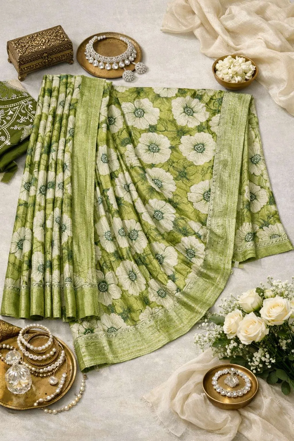 Dark Green, Green, Khaki, Light Green, Mehendi, Olive, Teal Chinon Two Tone Saree (Regular Sari) view 4