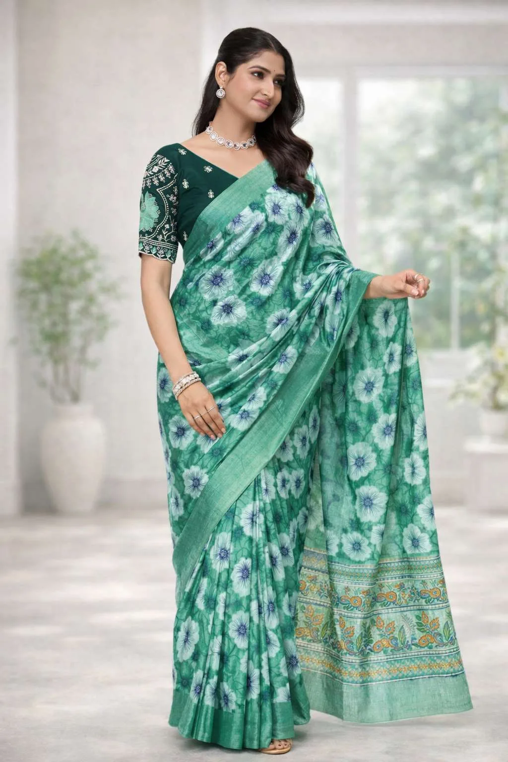 Aqua Blue, Dark Green, Green, Mint Green, Teal Chinon Two Tone Saree (Regular Sari)