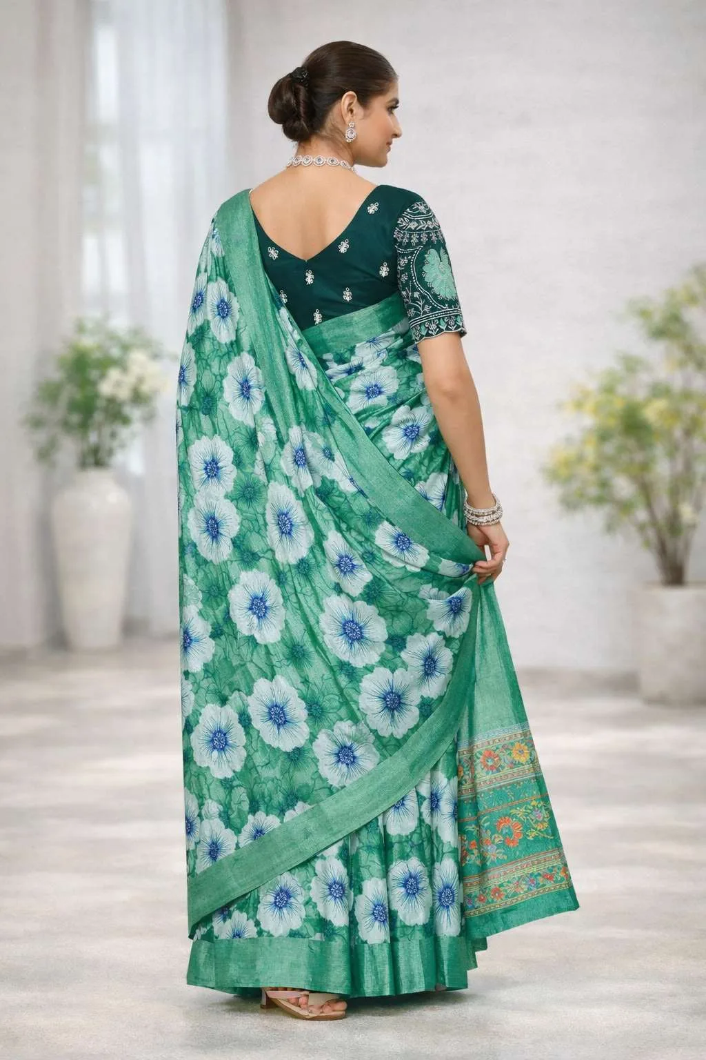Aqua Blue, Dark Green, Green, Mint Green, Teal Chinon Two Tone Saree (Regular Sari) view 3