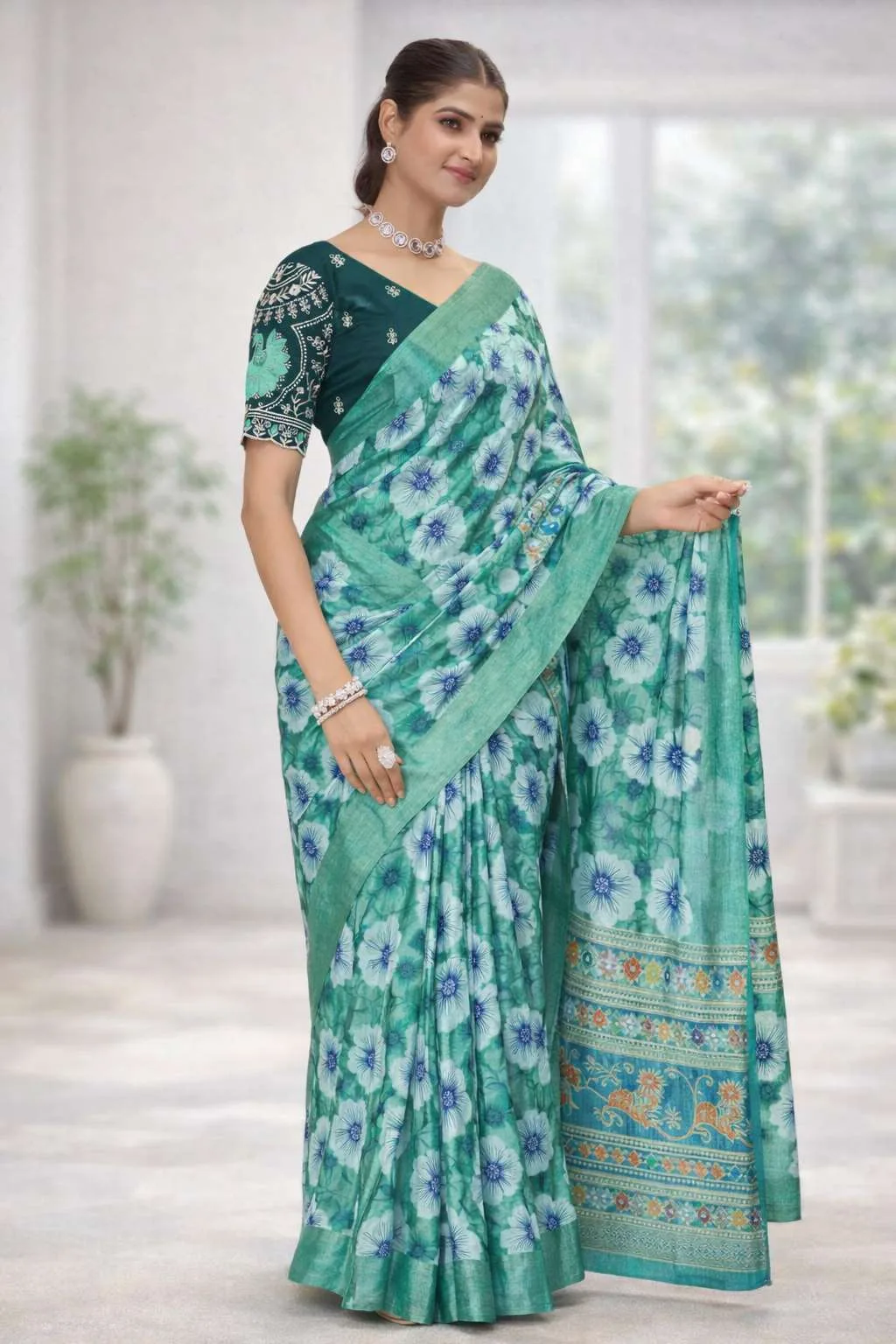 Aqua Blue, Dark Green, Green, Mint Green, Teal Chinon Two Tone Saree (Regular Sari) view 4