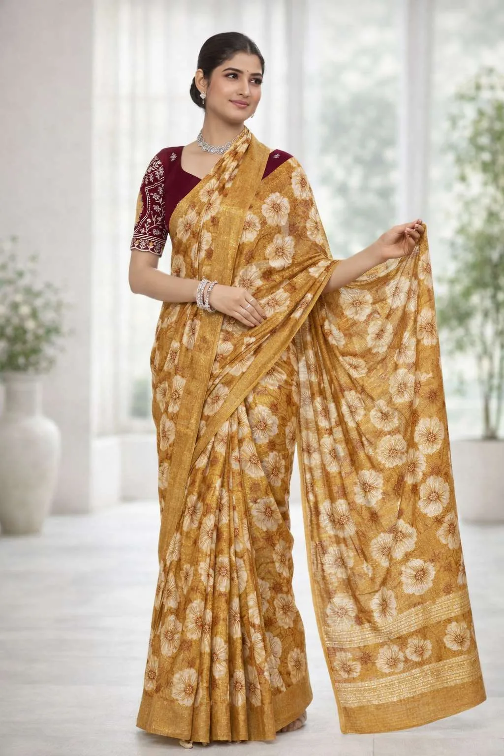 Beige, Dark Green, Gajari, Gold, Khaki, Light Blue, Maroon, Nude, Orange, Peach, Rust, Yellow Chinon Two Tone Saree (Regular Sari)