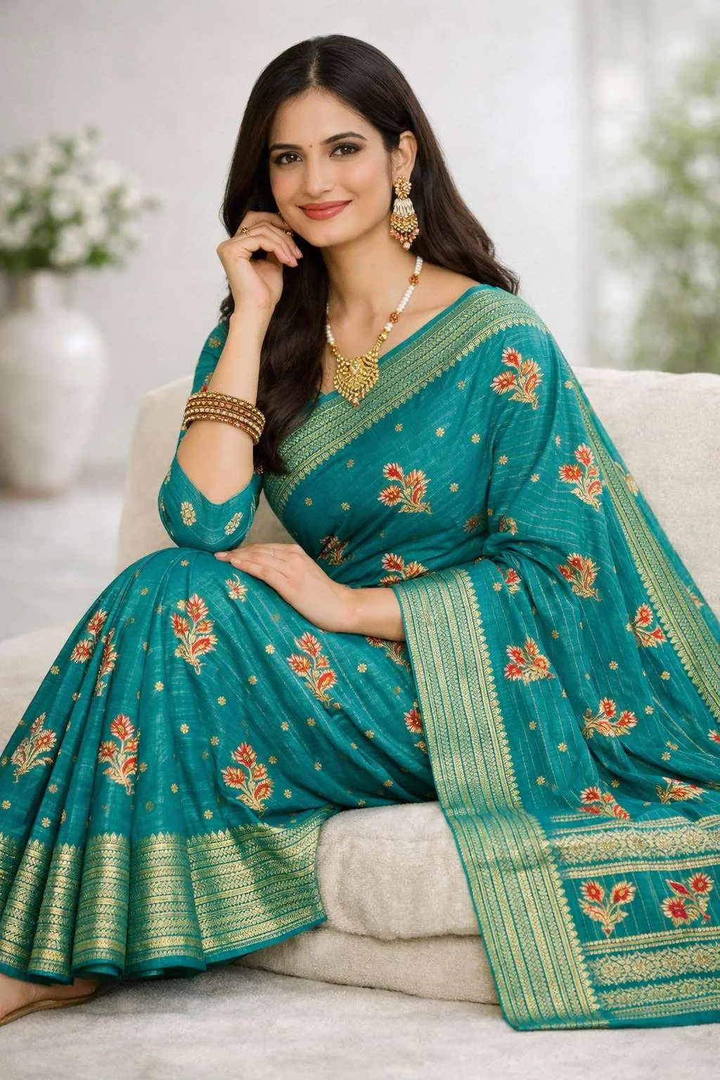 Light Green, Mint Green, Teal, Turquoise, Rama Banarasi Silk Banarasi Saree (Regular Sari) view 3