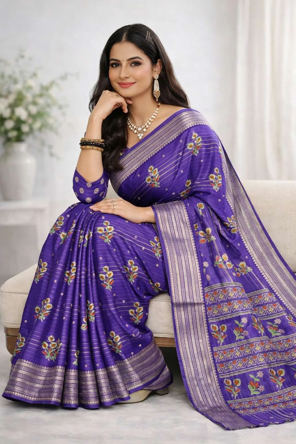 Lavender, Multicolor, Purple Banarasi Silk Banarasi Saree (Regular Sari) view 3