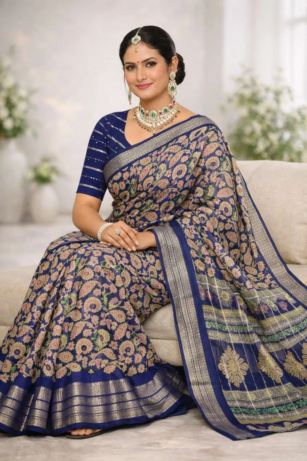 Dark Blue, Indigo, Navy Blue Banarasi Silk Banarasi Saree (Regular Sari) view 3