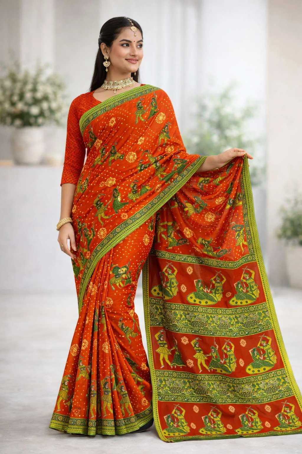 Green, Orange Cotton Bandhani Saree (Regular Sari)