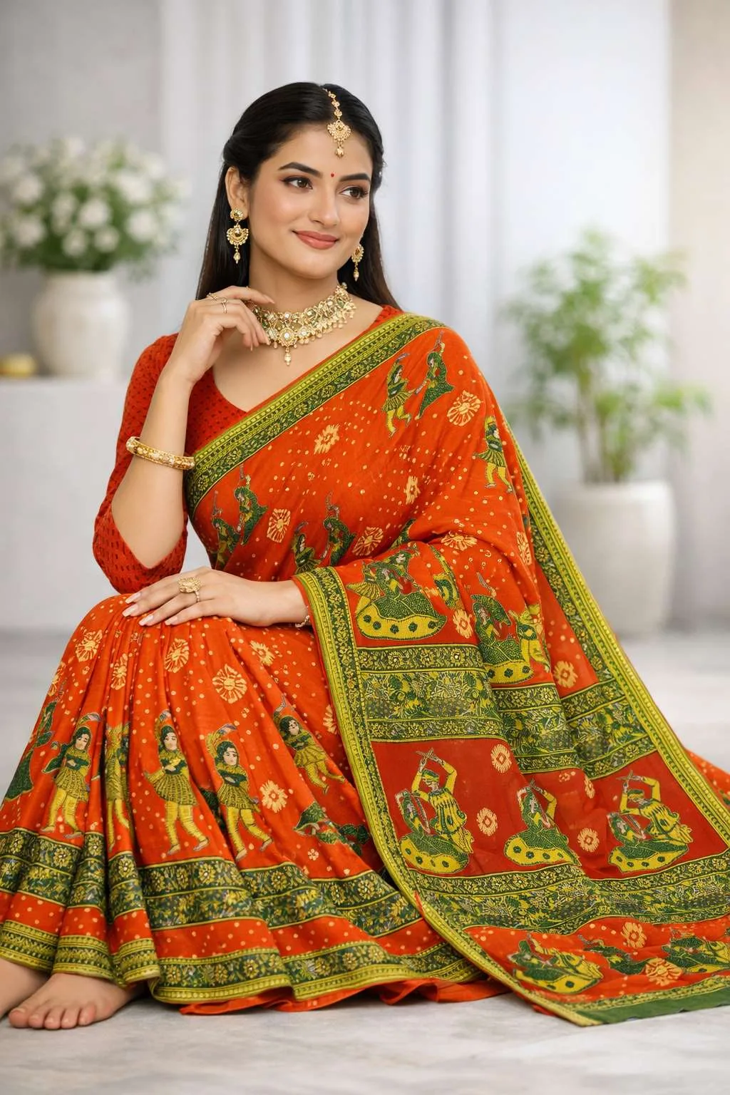 Green, Orange Cotton Bandhani Saree (Regular Sari) view 3