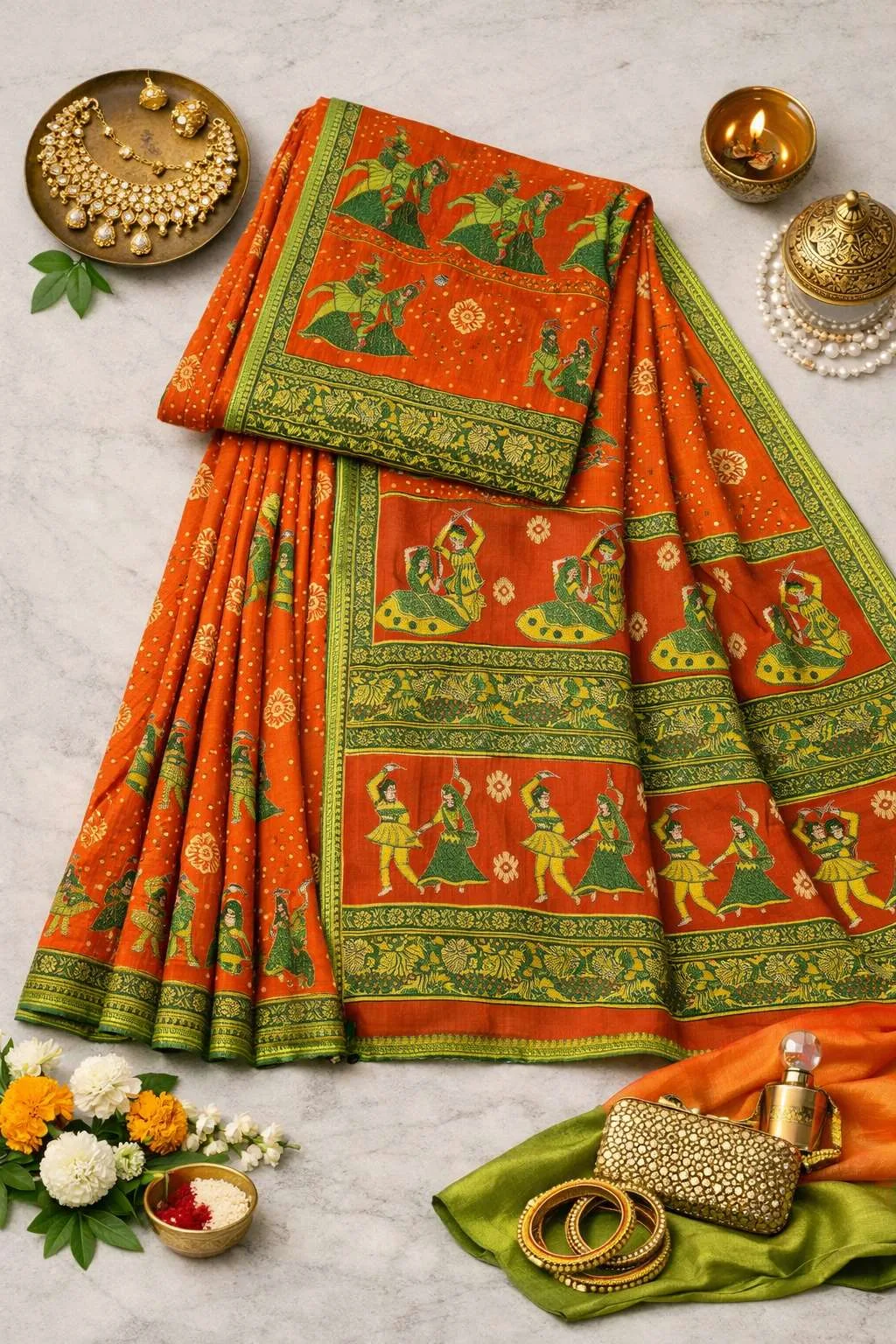 Green, Orange Cotton Bandhani Saree (Regular Sari) view 4