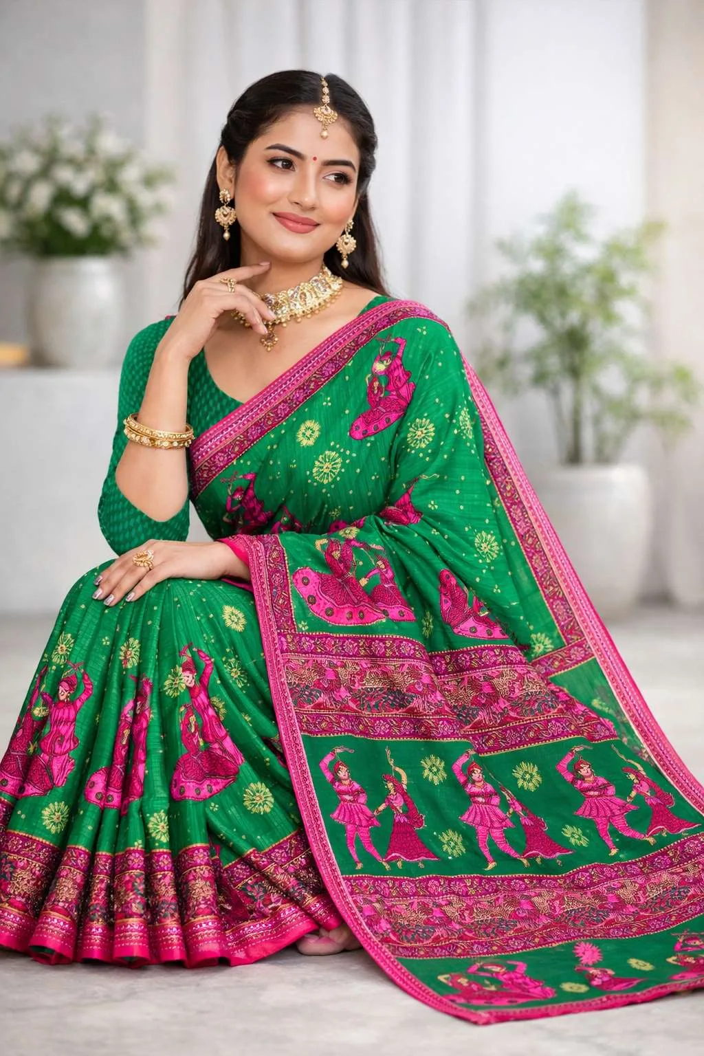 Green, Pink Cotton Bandhani Saree (Regular Sari) view 3