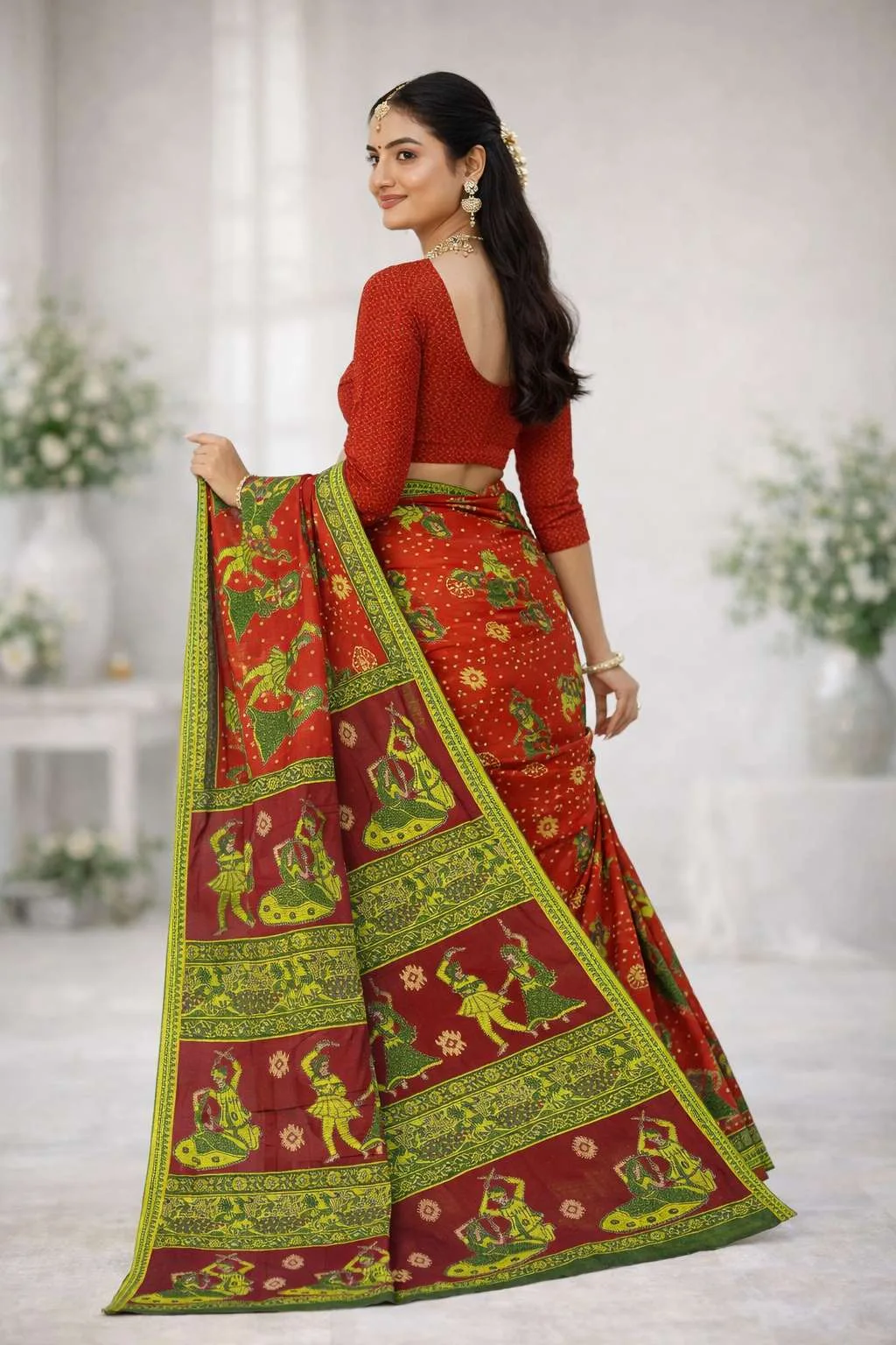 Green, Red Cotton Bandhani Saree (Regular Sari) view 2