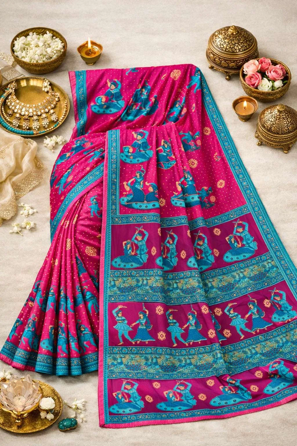 Blue, Pink Cotton Bandhani Saree (Regular Sari) view 4