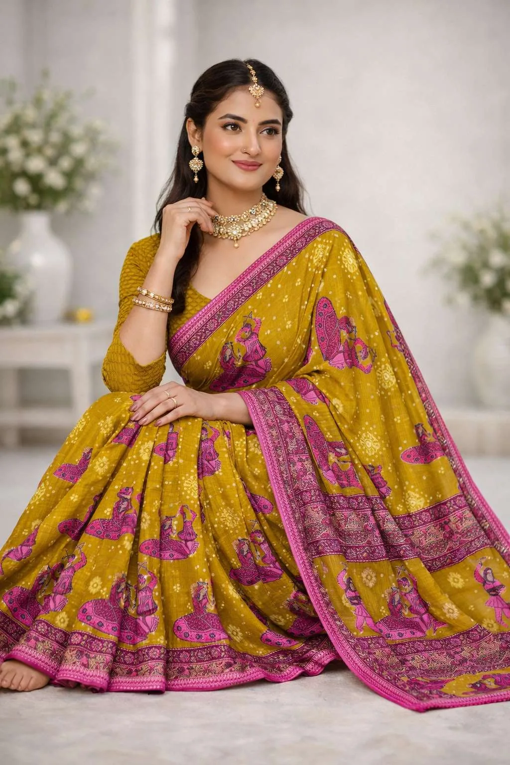 Olive, Pink Cotton Bandhani Saree (Regular Sari) view 3