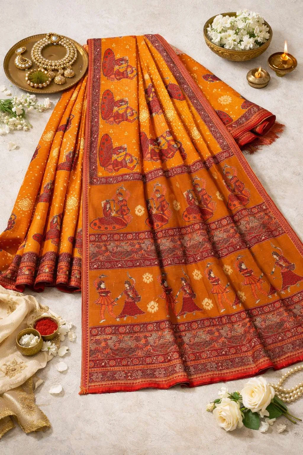 Gajari, Orange Cotton Bandhani Saree (Regular Sari) view 4
