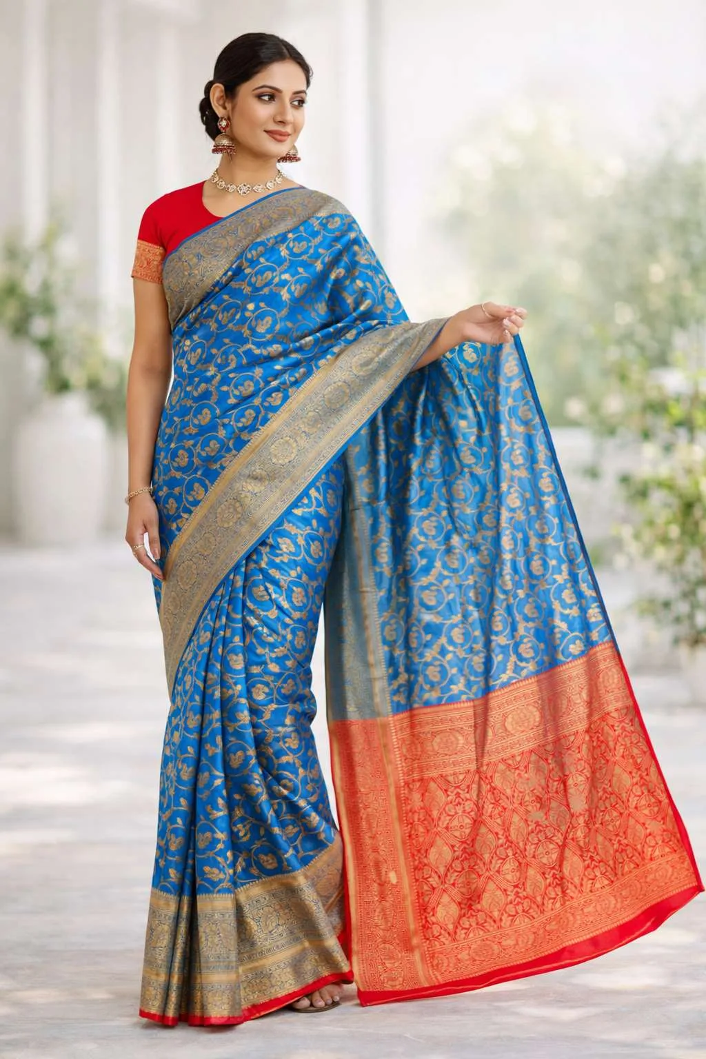 Light Blue, Red Art Silk Bollywood Saree (Regular Sari)
