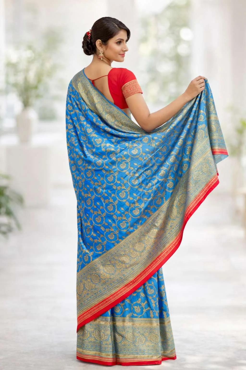 Light Blue, Red Art Silk Bollywood Saree (Regular Sari) view 2