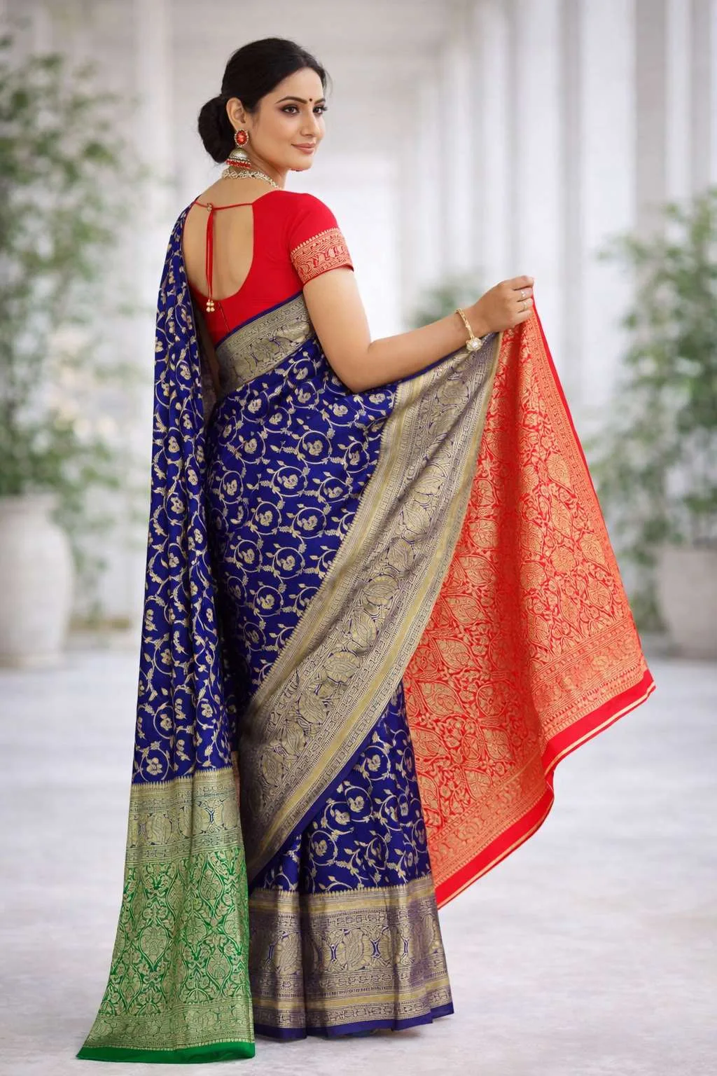 Navy Blue, Red Art Silk Bollywood Saree (Regular Sari) view 2