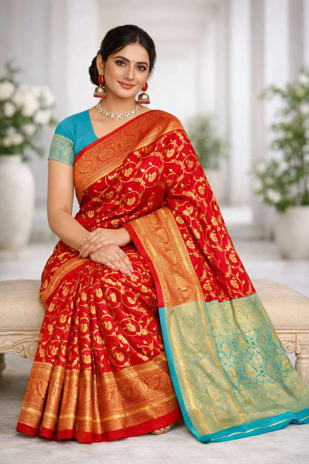 Light Blue, Red Art Silk Bollywood Saree (Regular Sari) view 3