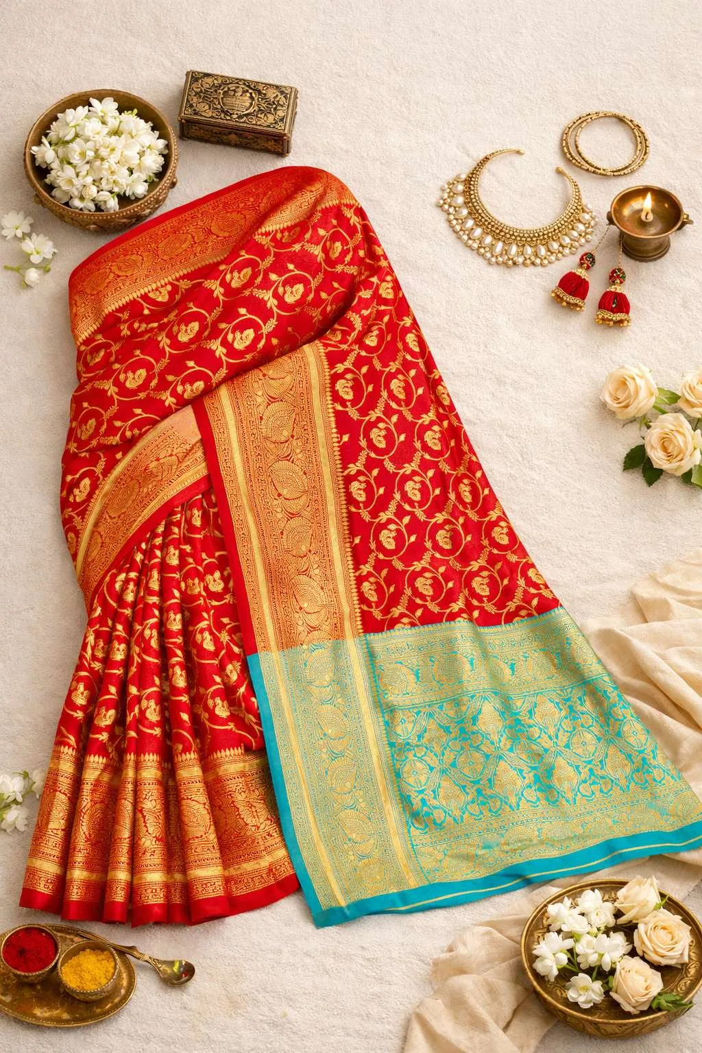Light Blue, Red Art Silk Bollywood Saree (Regular Sari) view 4