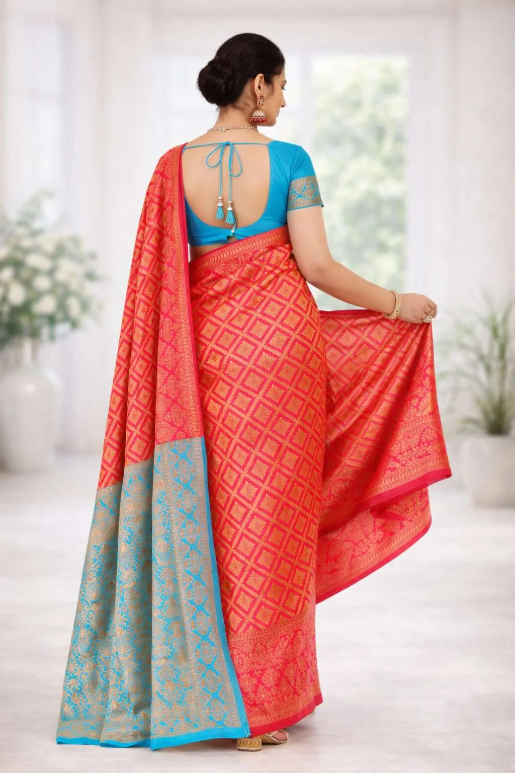 Light Blue, Red Banarasi Silk Banarasi Saree (Regular Sari) view 2