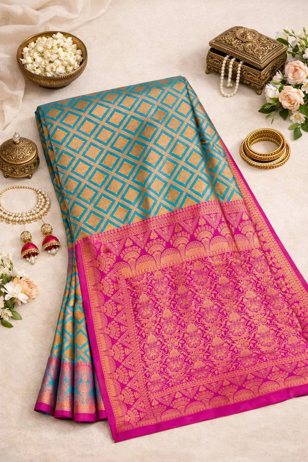 Magenta, Teal Banarasi Silk Banarasi Saree (Regular Sari) view 4