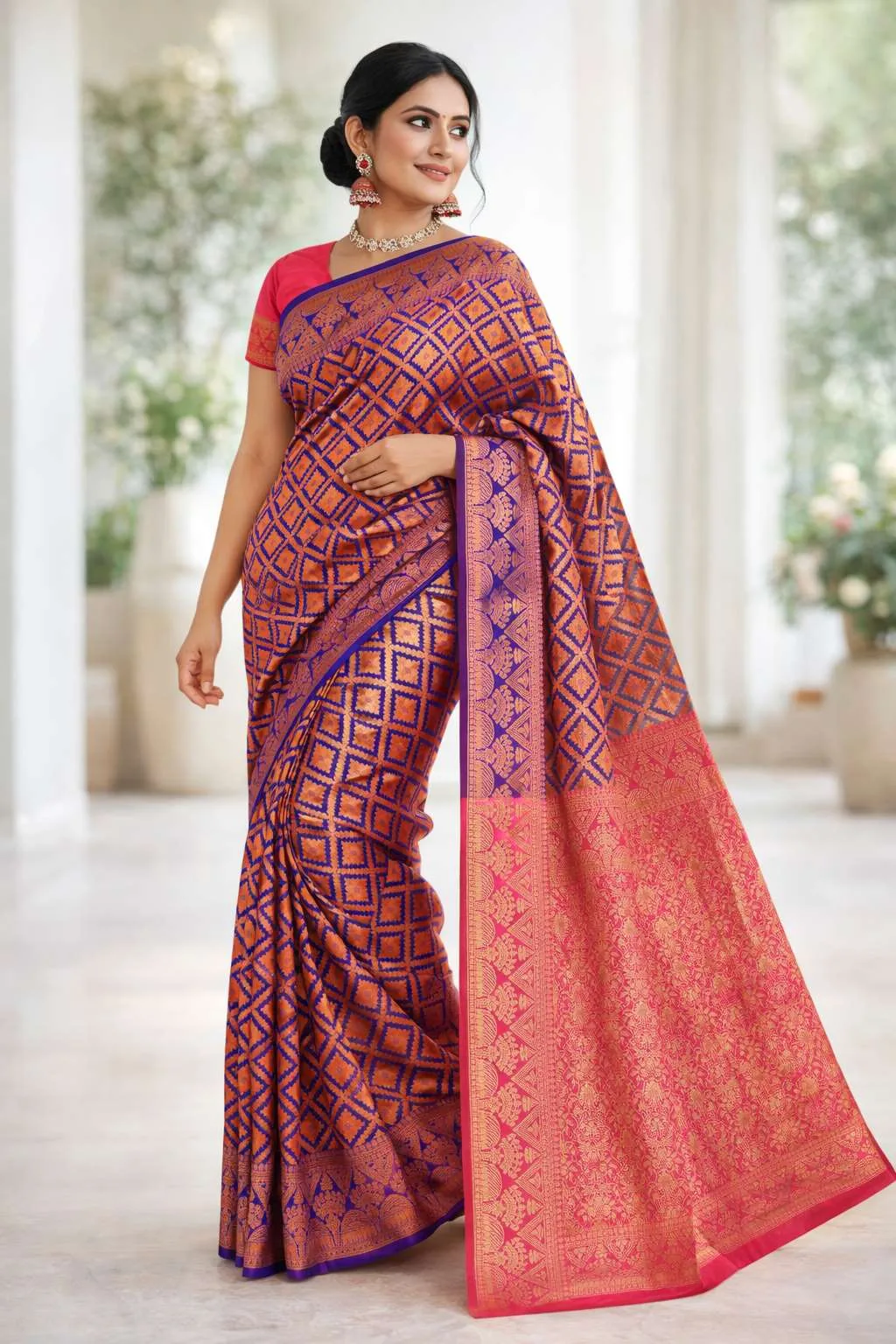 Navy Blue, Pink Banarasi Silk Banarasi Saree (Regular Sari) view 2