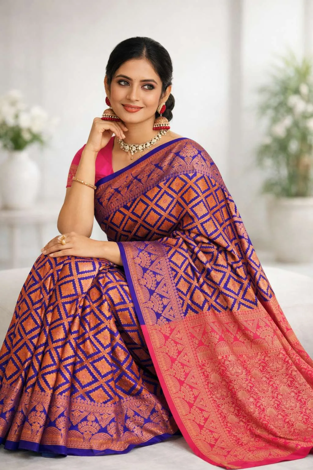 Navy Blue, Pink Banarasi Silk Banarasi Saree (Regular Sari) view 3